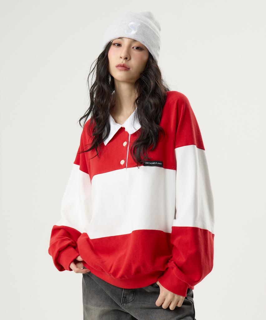 UNKNOWN PLANET Daily Cotton Collared Color Block Sweatshirt Red