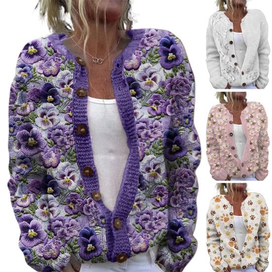 Women Sweater Cardigan Round Neck Long Sleeve 3D Flower Pattern Button Up Knit