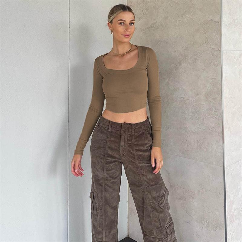 Womens Scoop Neck Long Sleeve T-Shirts Casual Basic Ribbed Crop Knit Tops Spring Autumn Slim Fit Solid Color Bottoming Shirt