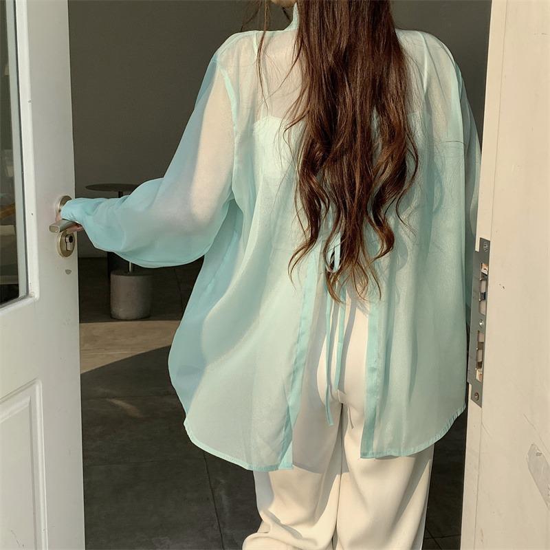 Back Split Lace-up Casual Loose Shirts Women Fashion New See Through Long Sleeve Women's Blouses Thin Breathable Sun Protection Office Lady Tops 26108