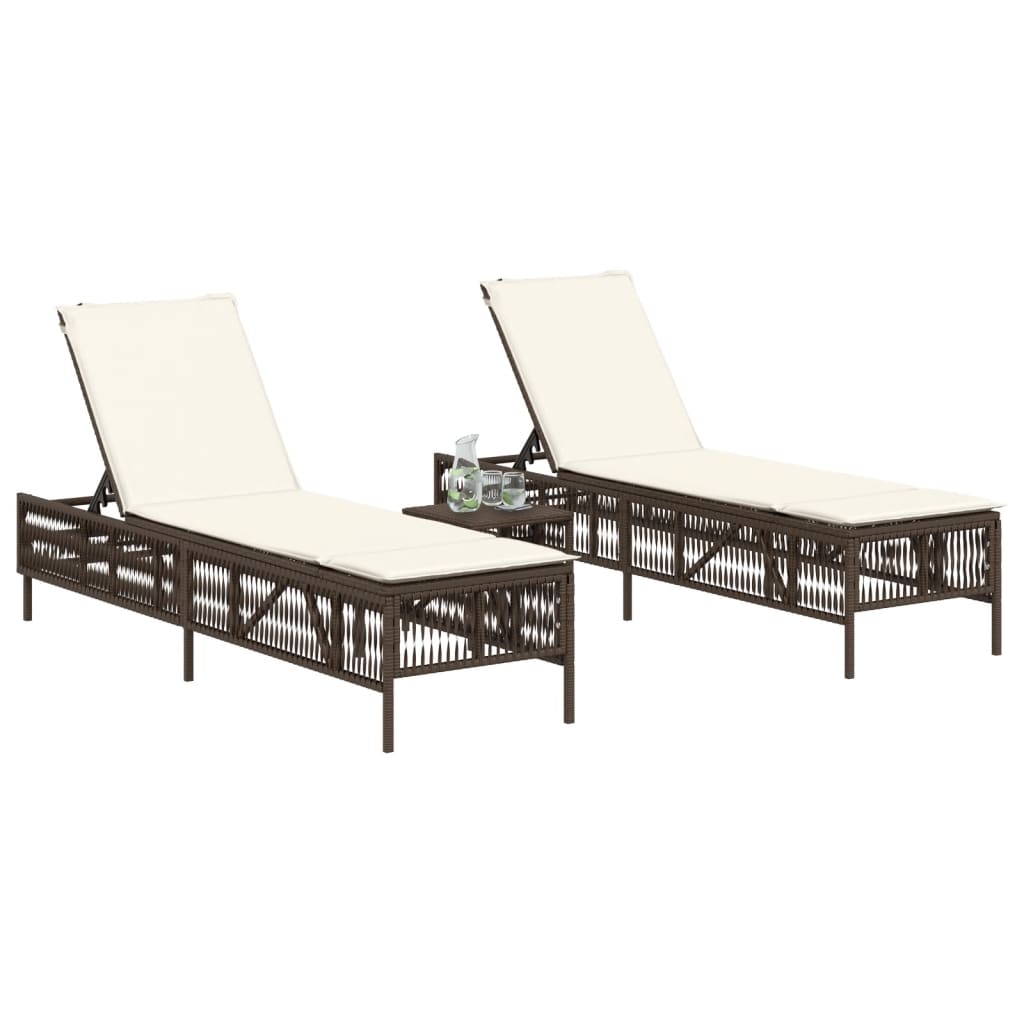 2 Piece Sun Lounger Set with Table Brown Poly Rattan