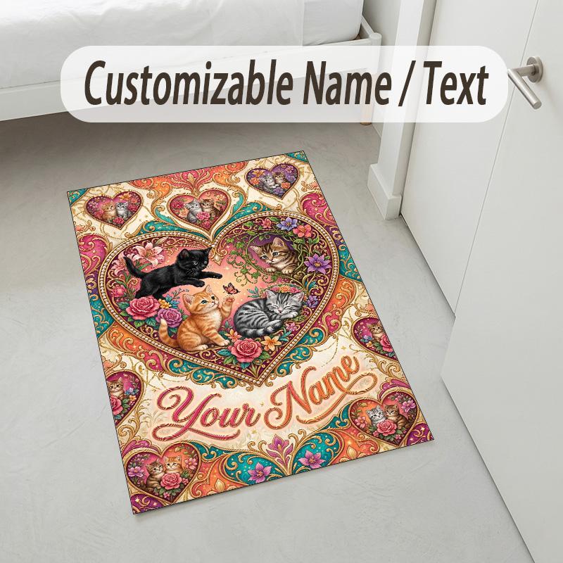 Cat Theme Crystal Velvet Rug Personalized Custom Name Text Soft Floor Mat Home Decor