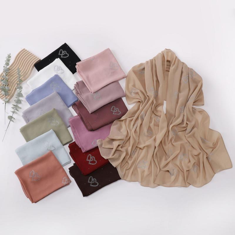 Chiffon Long Scarf Double Heart Rhinestone Ethnic Headscarf For Women