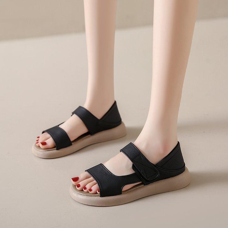 2024 Summer New Large Size Flat Sandals Velcro Casual Soft Sole Roman Shoes Soft Surface Student Women's Shoes