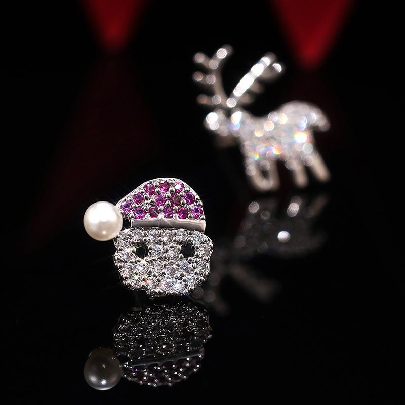 Рождественские серьги-подарки, Асимметричные серьги-пусеты с бриллиантами в виде Санта-Клауса и оленя Сика, с цирконом, Лидер продаж