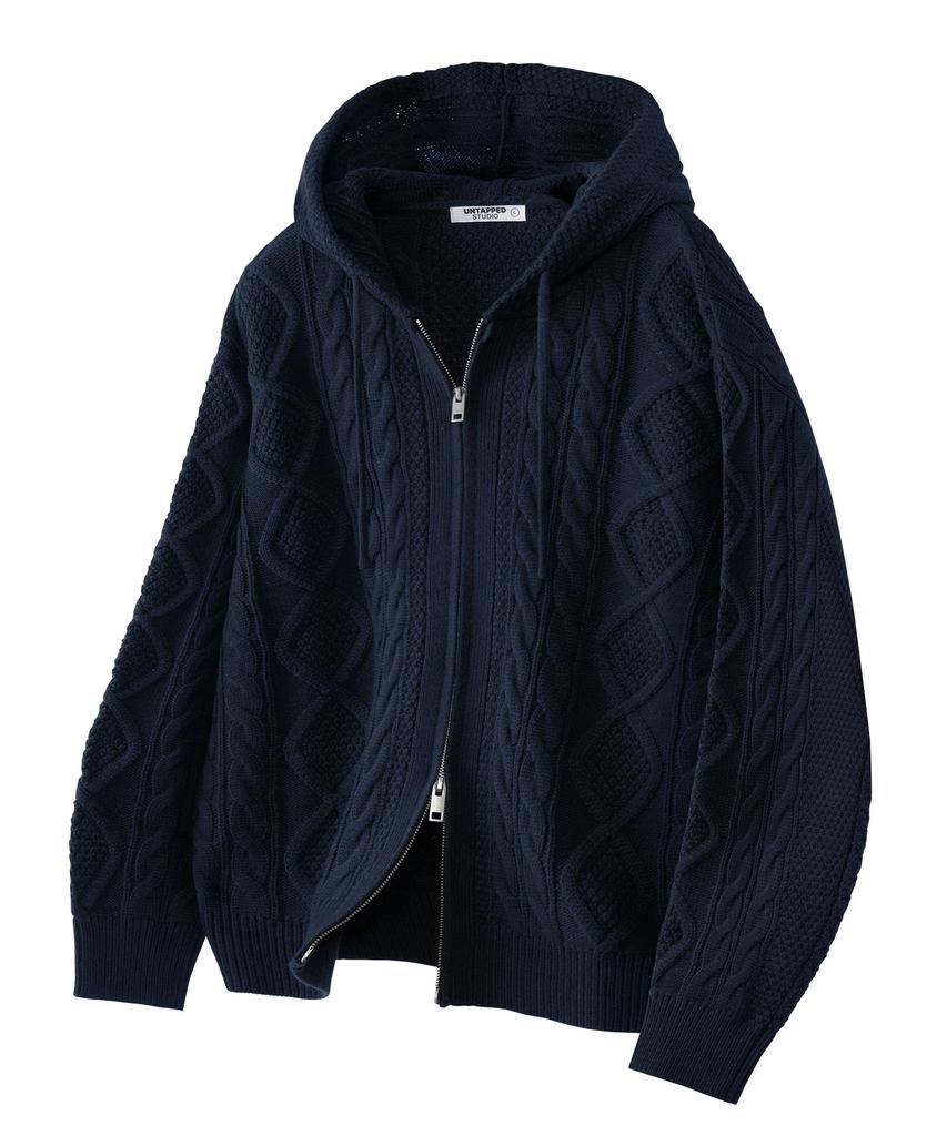 UNTAPPED STUDIO Oversized 2-Way Aran Cable Knit Zip-Up Hoodie 5 Colors
