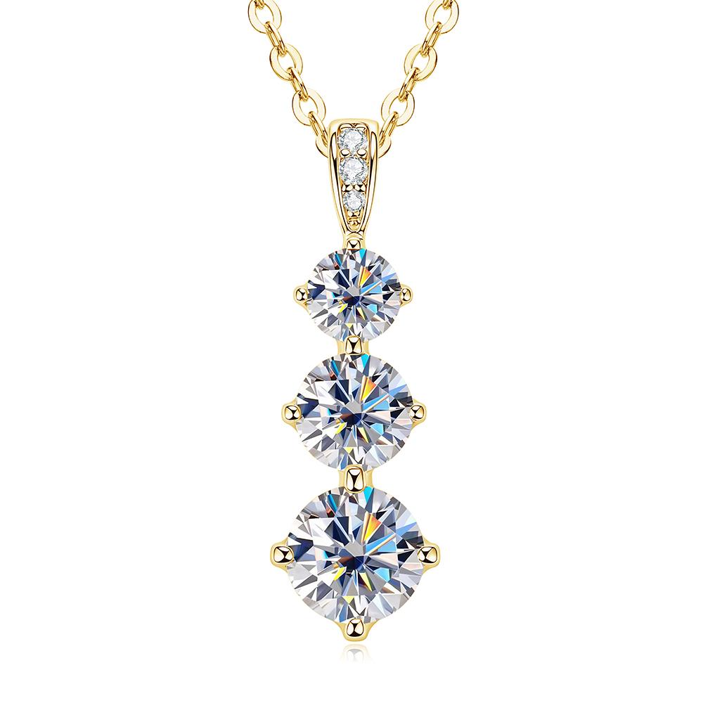 Factory Wholesale 14K Gold Filled 6mm 0.8ct &5mm 0.5ct &4mm 0.3ct Round Cut Moissanite Three Stone Crown Pendant Necklace