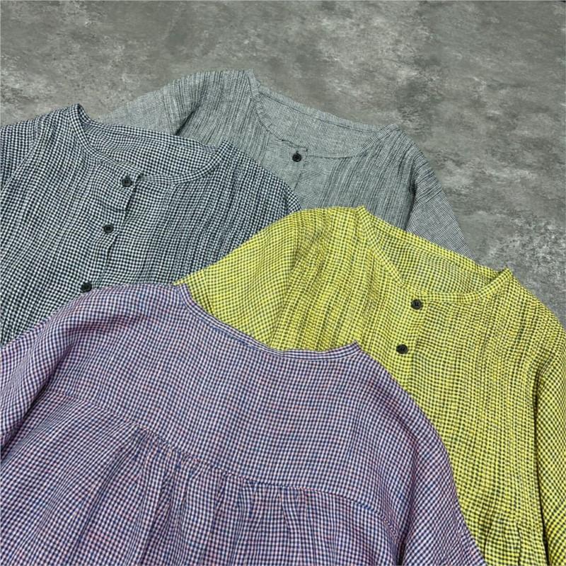 Johnature Японские плиссированные рубашки с круглым вырезом-аккордеоном, летние клетчатые универсальные топы с короткими рукавами, тонкие тонкие