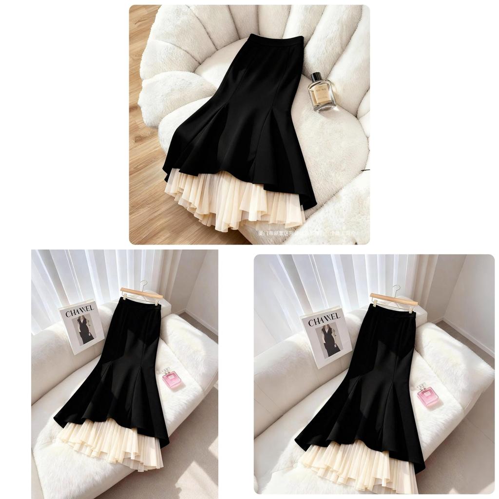 Modern Cotton Blend Womens Long Skirt With Wave Hem And Ruffle Details For Spring Fashion