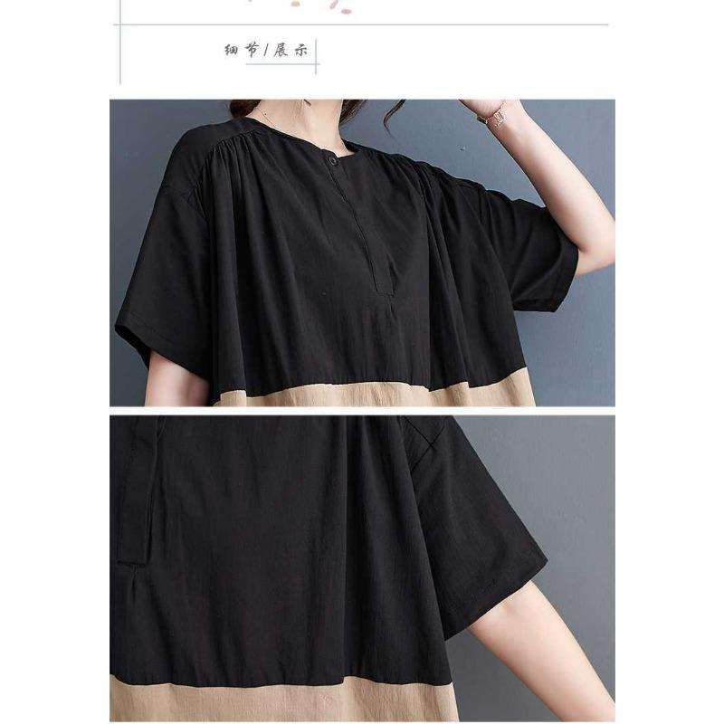 Летний Новый Стиль Корейский Стиль Свободный Большого Размера Пэчворк Повседневный Простой Милый Рубашечное Платье