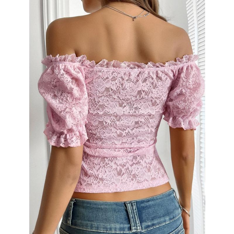 Летний кроп-топ с кружевом, однотонный, с вырезом лодочкой, женский, с коротким рукавом, универсальный, сексуальный, с открытыми плечами, с вырезами