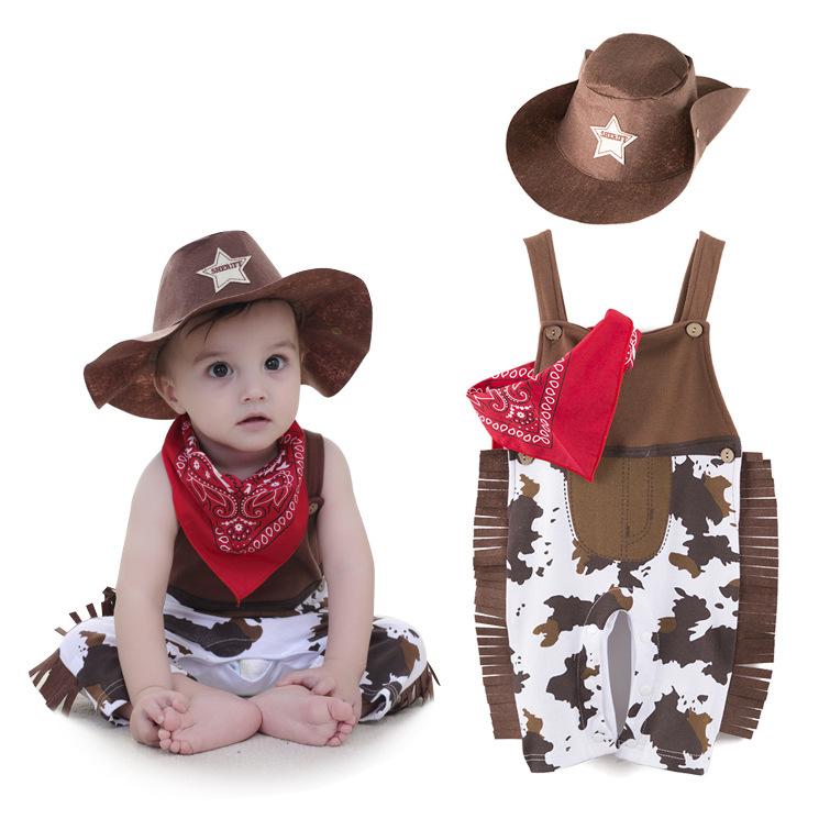 Halloween Event Birthday Holiday Cosplay Outfits 0-3Year 3Pcs Hat Scarf Romper Baby Boy Cowboy Outfit HCFB-012