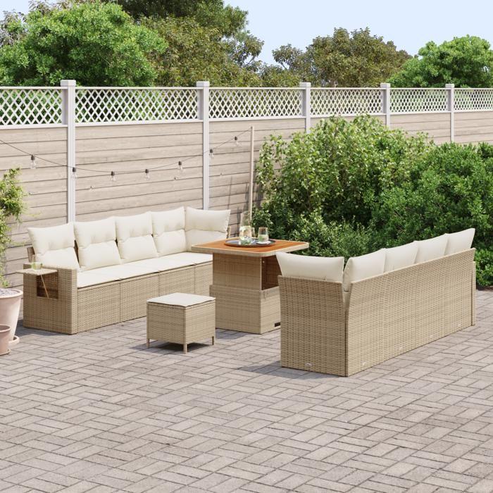 Ensemble de canapé de jardin 11 pièces avec coussins en rotin poly beige acacia, Ensemble de salle à manger de jardin 3 3363666