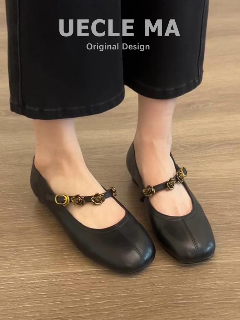 Sheepskin version~ retro French single shoes women's flat-soled black work shoes shallow mouth soft sole evening Mary Jane shoes