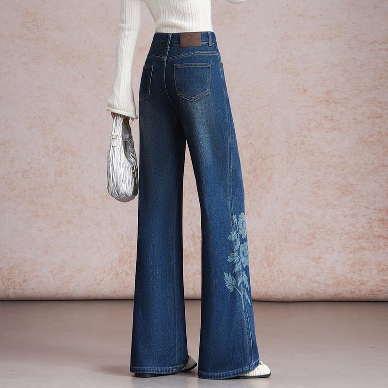 Side floral print wide-leg straight jeans women's high waist autumn loose drape niche design trousers