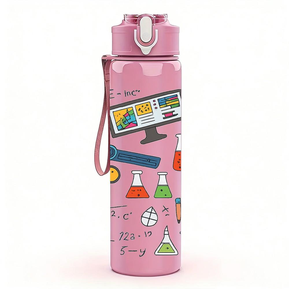 1PC Doodle Mixed Stationery Pattern Print 750ml Color Plastic Sports Water Bottle Leakproof Flip Straw Lid Suitable for Sports Office Home Use
