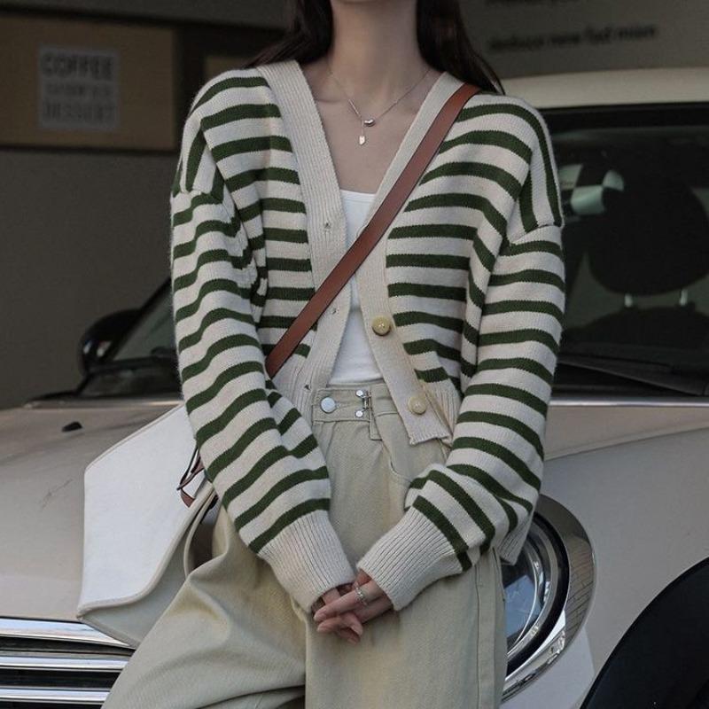 Полосатый вязаный кардиган, женский топ, осень 2023, новый маленький ароматный свободный короткий дизайн, свитер, кардиган, женское пальто