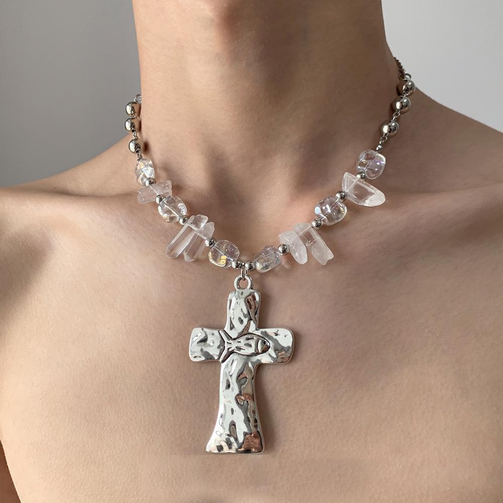 Hiphop Punk Silver Color Cross Pendant Necklace for Women Gothic Irregular Transparent Crystal Bead Necklace Street Jewelry Gift
