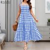 Женское повседневное платье без рукавов с квадратным воротником и клетчатым принтом на шнуровке