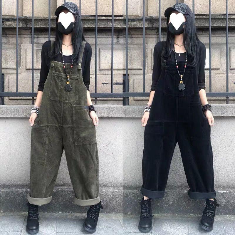 Коричневый черный зеленый Осенние комбинезоны Однотонные Широкие комбинезоны Женские повседневные комбинезоны на бретелях с подтяжками Винтажные вельветовые комбинезоны Overszie