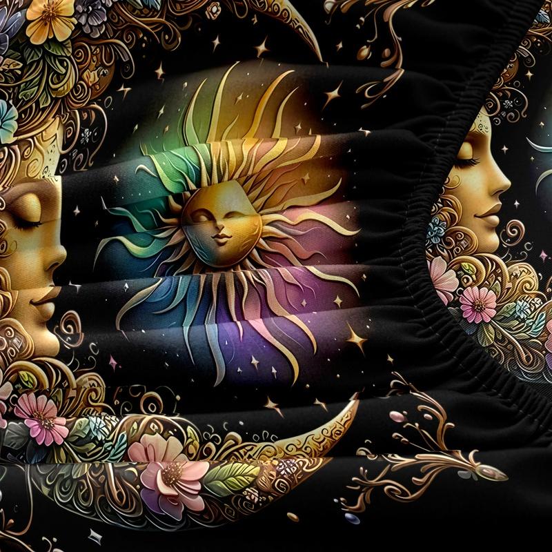 3pcs Art Nouveau Anthropomorphic Sun Moon Fitted Sheet Set,Rainbow Floral Bedding - Bedding for Bedroom Guest Room And Dorm Room