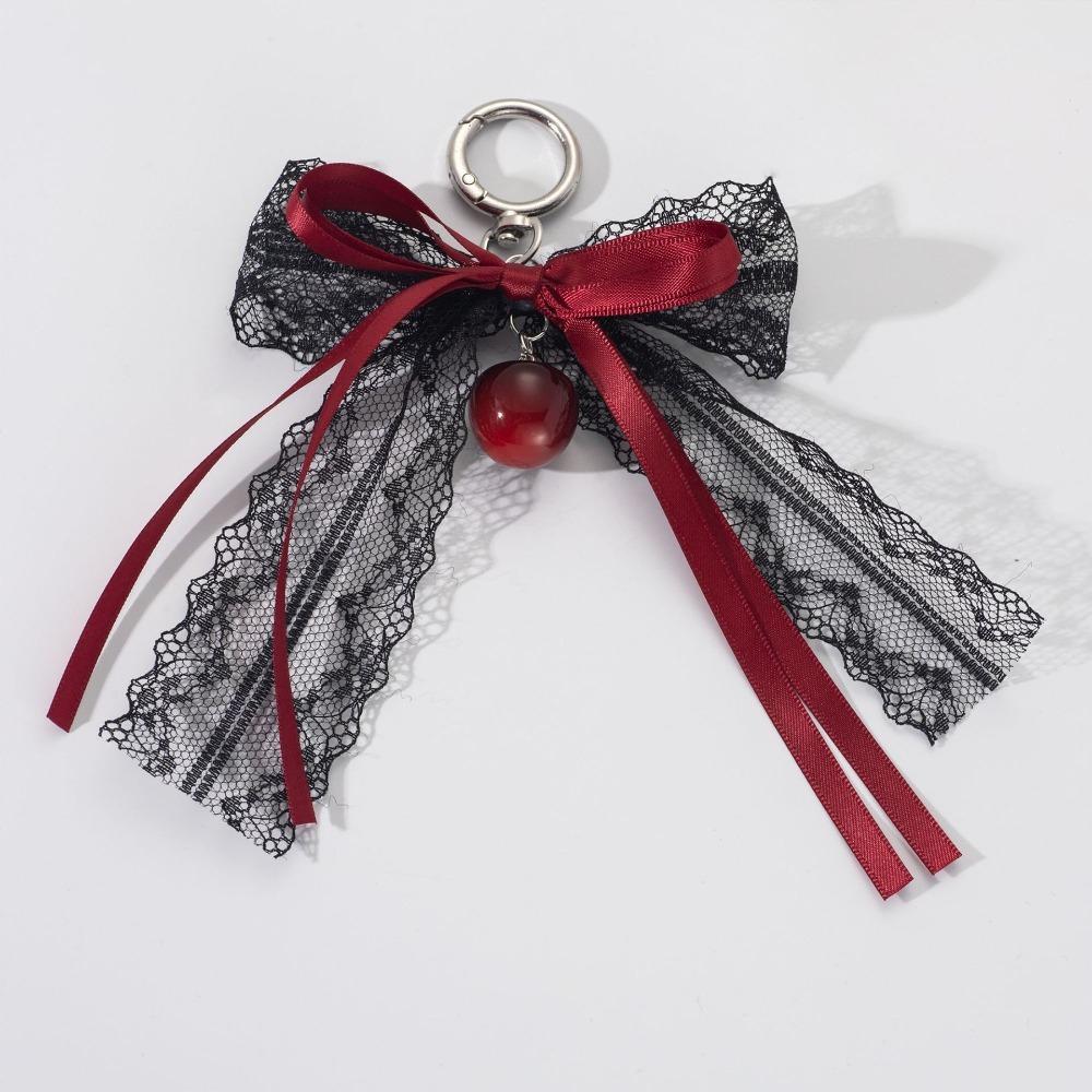 Hollow Pendant Keychain Red Ribbon Cherry Pendant Fashionable Lace Bow Keychain Holiday Gift