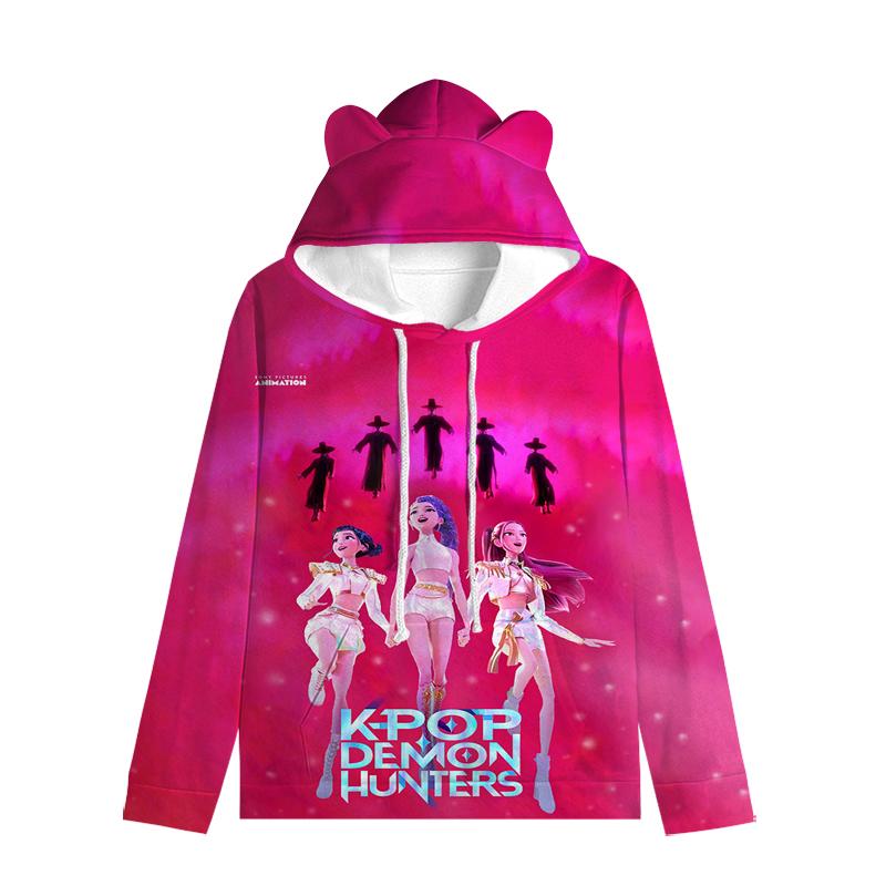 Huntrix Девушка Толстовка с капюшоном с кошачьими ушками Мультяшная K-pop Охотники на демонов На шнурке Толстый Пуловер Зои Руми Мира Средней длины Теплая Толстовка