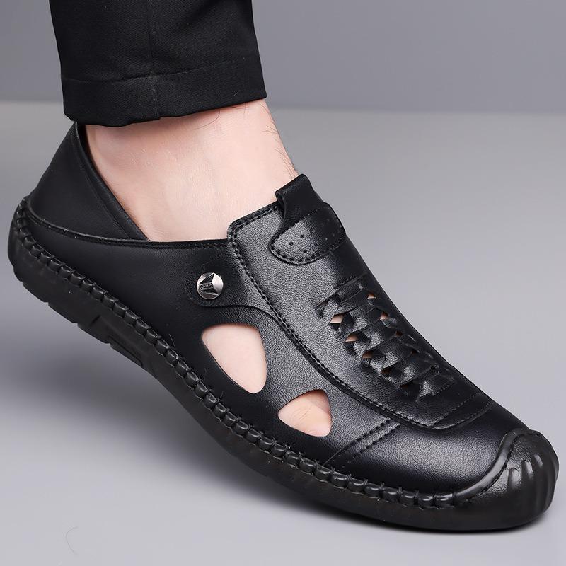 Мужские сандалии ручной работы из кожи, модные уличные повседневные сандалии, новые дышащие с перфорацией, мужские сандалии, нескользящие, плоские, пляжные сандалии