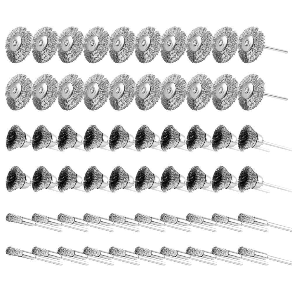 JINTONG Dremel Rotary Tool 3 Wire Steel Wire Wheel Polishing Grinding Bristle Polishing Dremel Rotary Tool Accessories Pack of 60 Brushes, Types