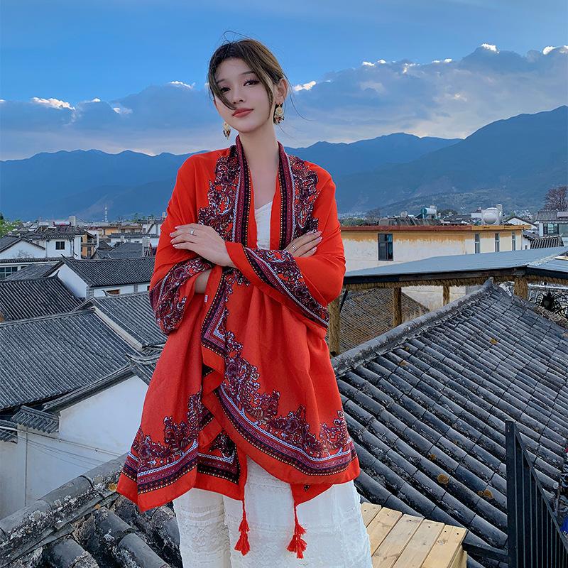 Summer cotton and linen feel scarf travel silk scarf sun protection air conditioner large shawl women's beach towel ethnic style scarf