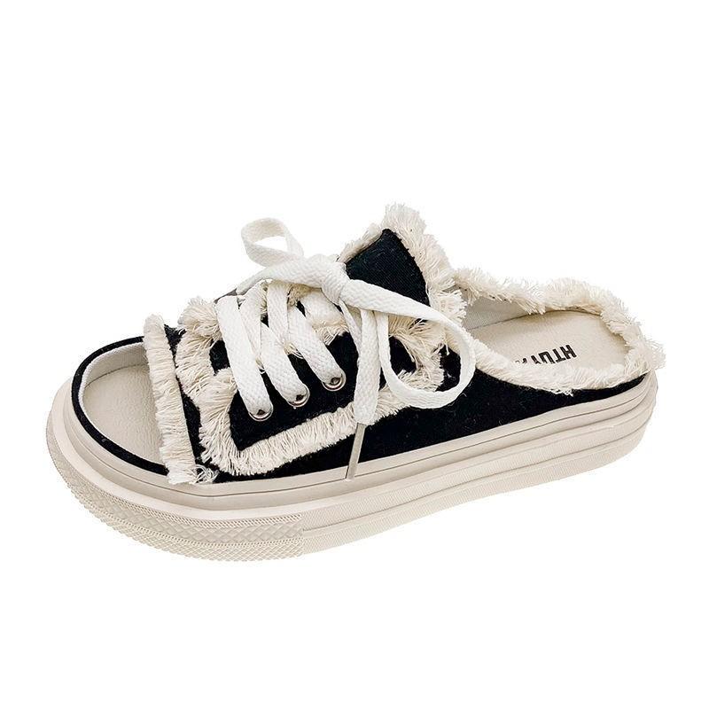 Женские парусиновые тапочки на плоской подошве 2024 года, новые женские повседневные туфли на шнуровке, женские модные тапочки на платформе, женские джинсовые пляжные сандалии с открытым носком