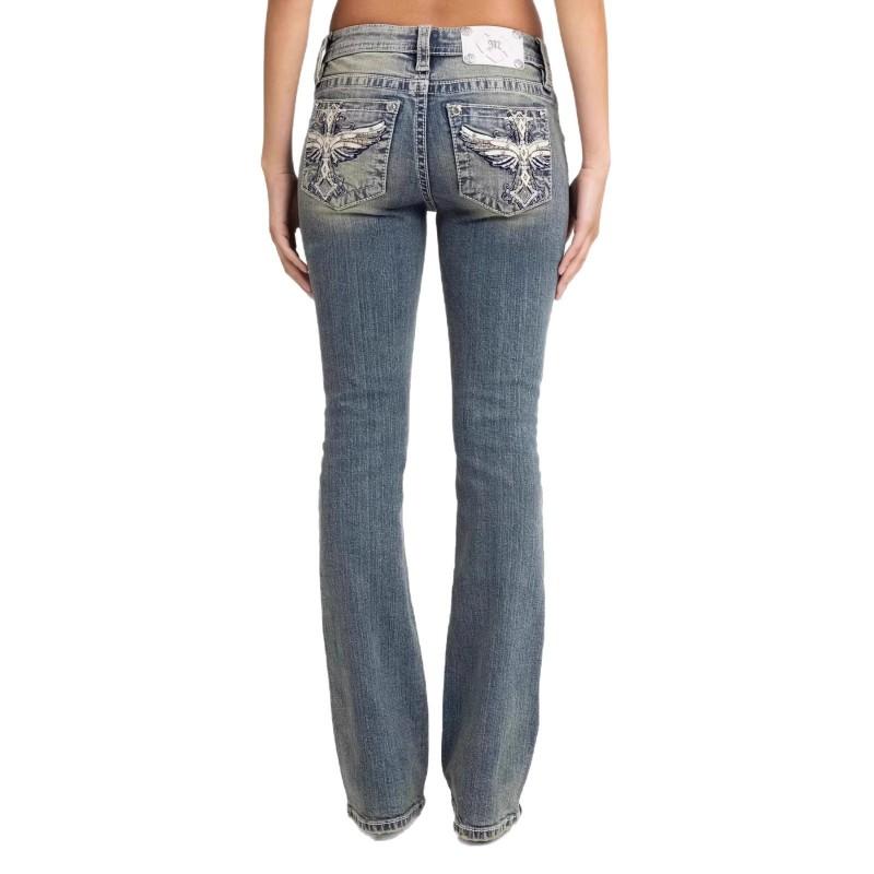 Low-Rise Skinny Jeans Women With Embroidered Wings Cross Motif Streetwear Style