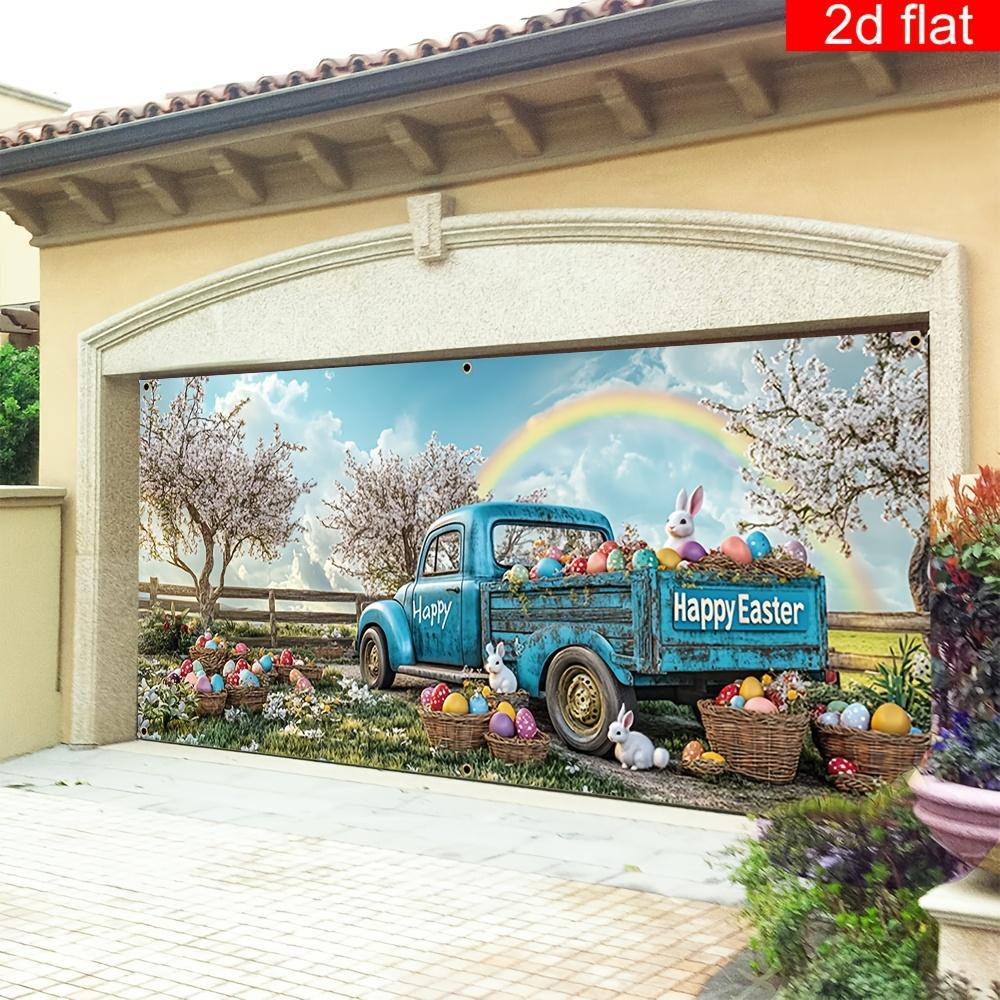 1 Easter Happy Garage Door banner - made of polyester, bright and durable, a large mural party banner welcoming spring
