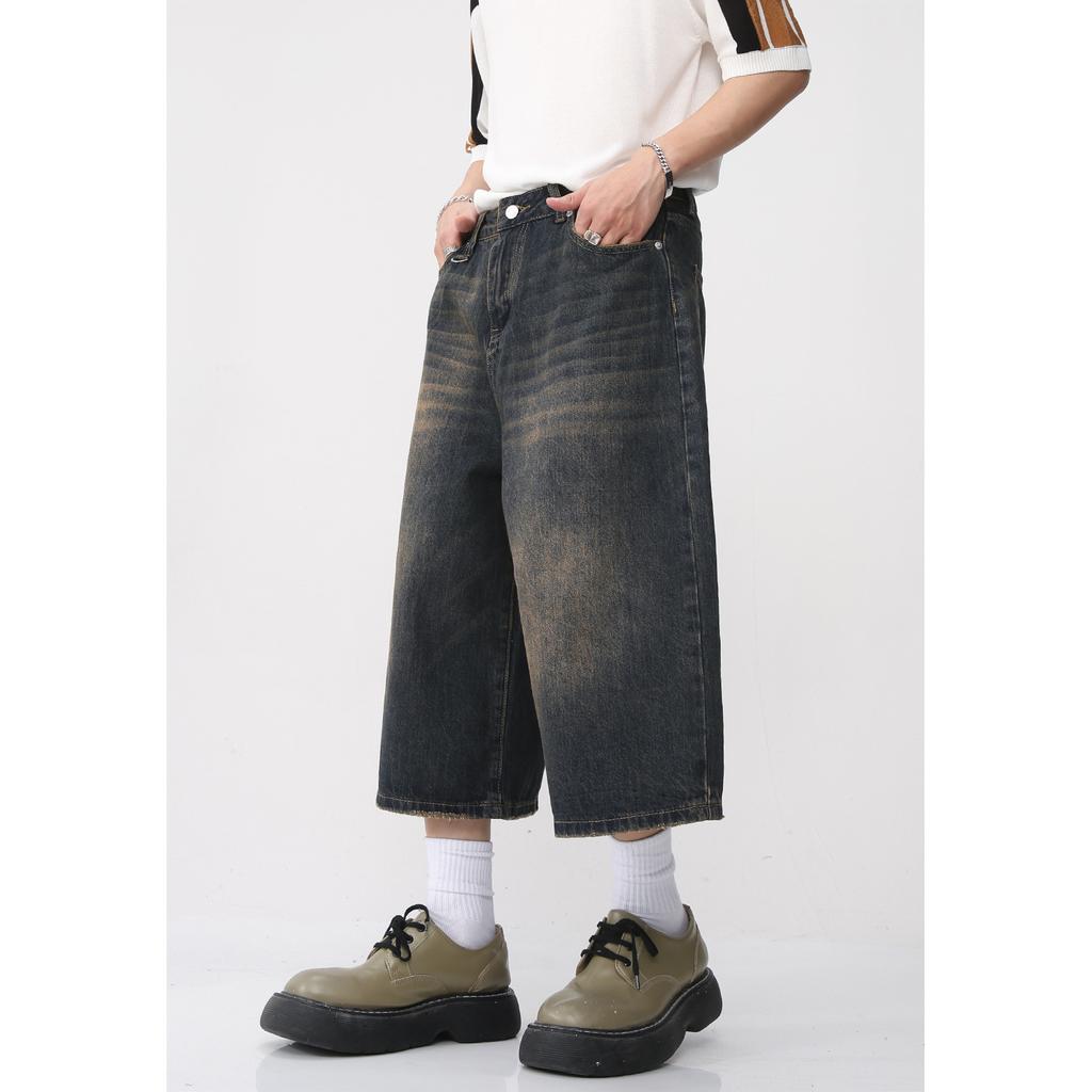Men's Summer New Product Korean Loose Wide Leg Retro Distressed Flared Cropped Pants