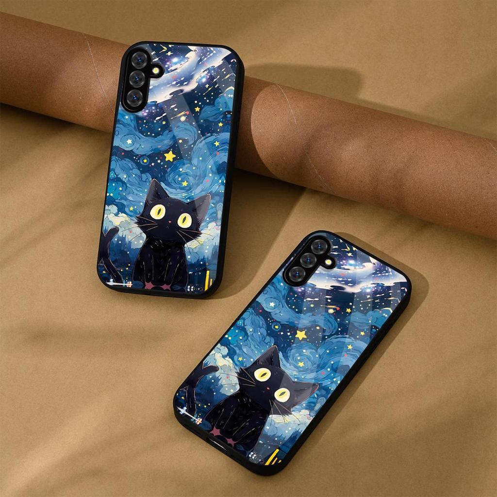 Аниме Чехол Черный Кот Звездное Небо для Samsung A17 4G/5G,A16,A15,A14 LTE,A13 5G,A05s,A04s Акриловый TPU Защитный Чехол с Краем