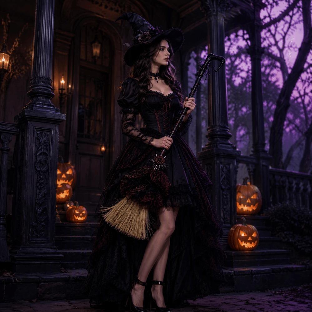 Gothic Style Witch Broom Black Tulle Halloween Costume Princess Witch Hat Carnival Dress Up
