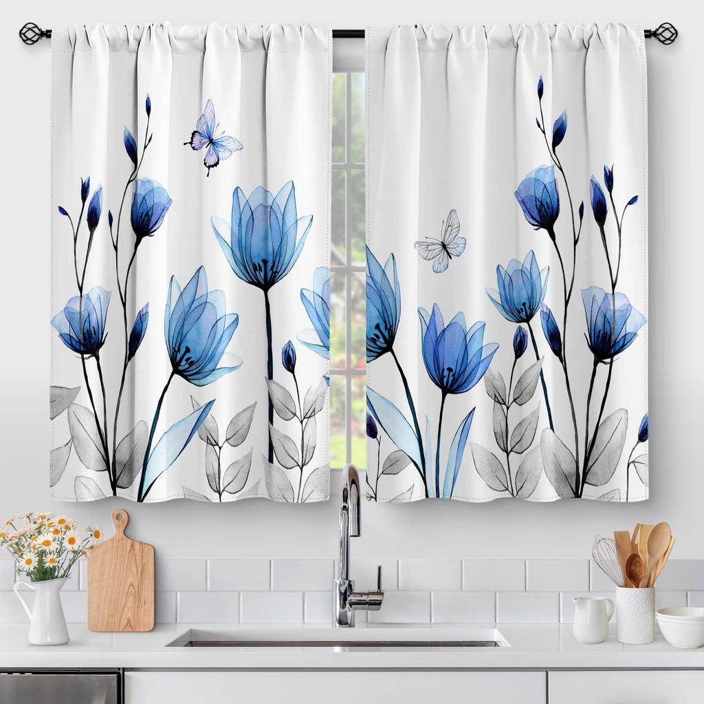 Floral Vintage Flower Kitchen Curtains Rustic Blue Tulip Farmhouse Short Cafe Tier Curtains Decor For Rod Pocket Window Drapes