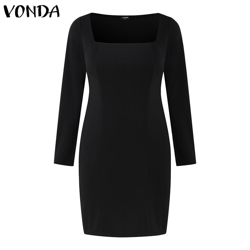 VONDA Женское U-образный вырез с длинным рукавом, однотонное облегающее мини-платье с разрезом