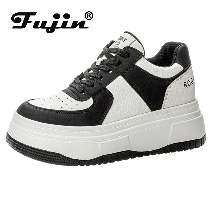 Fujin 7 см кожаные кроссовки из микрофибры на танкетке, удобные скейтборды, толстая подошва, весенне-осенние модные массивные кроссовки, белая повседневная обувь