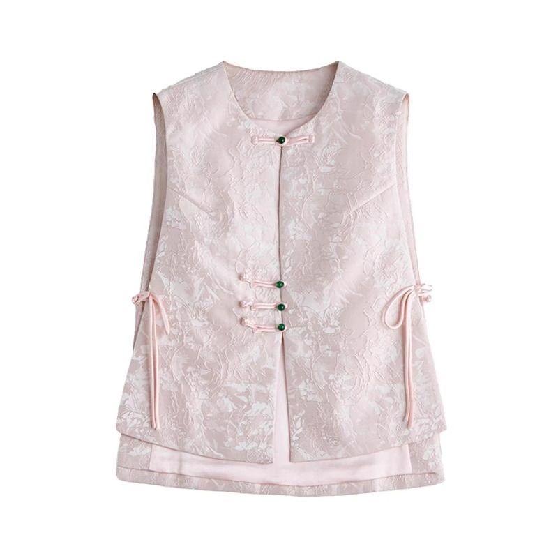 Vintage Style Jacquard Vest Sleeveless Retro Buckle Embroidered Backless Short Waistcoat for Women Casual Streetwear Party Layering Outfit Retro