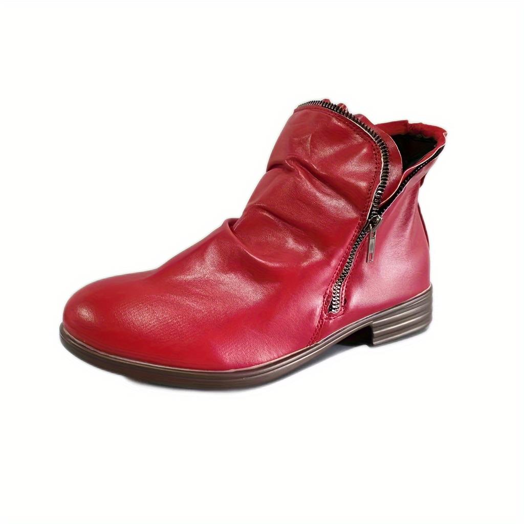 Womens Double Zipper Ankle Boots - Stylish & Comfortable with Chunky Low Heel - Timeless Solid Color, Vintage Ruched Detail - Trendy Short Boot