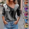 Women's Casual Fashion Printed Long Sleeve Lapel V Neck Button Pullover Top