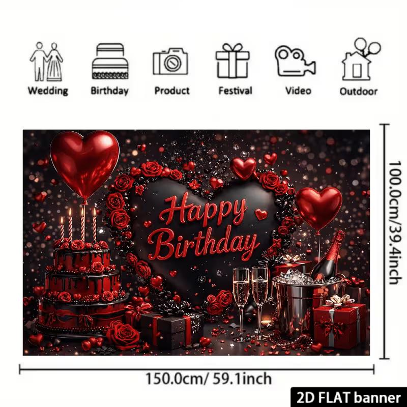 2D Flat Red & Black Birthday Banner 2D Fabric Backdrop for Adult & Romantic Birthday Party Decoration