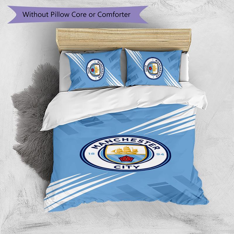 3pcs Manchester City Football Club pattern bedding set duvet cover set includes duvet cover &pillowcases,perfect all season bedroom decoration&gift