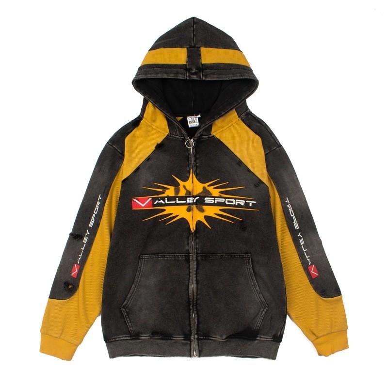 Vintage Distressed Zip-Up Hoodie Men Streetwear Hip Hop Style Cotton Blend 330-340 GSM Fall 2025