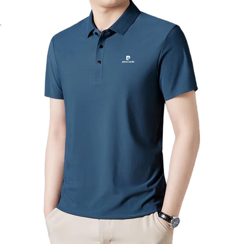 Pierre Cardin Short-Sleeve Men's Summer Lightweight Business Polo Shirt, High-End Ice Silk Stretchy Menswear, Smog Blue, 2XL