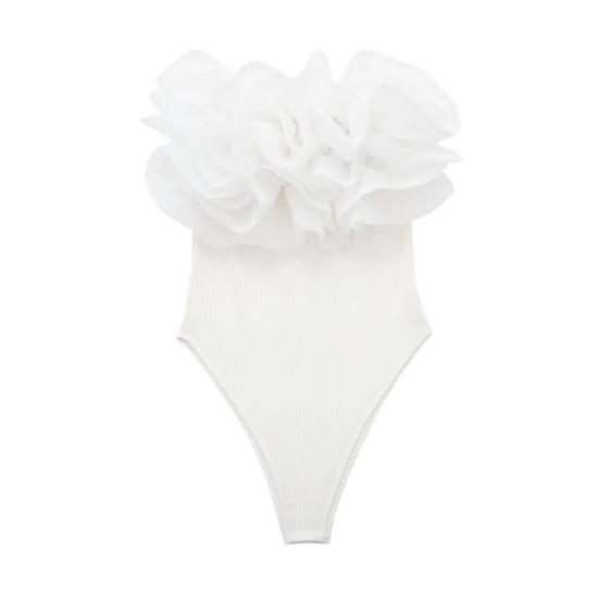 Women Off Shoulder Ribbed Knit Bodysuit Layer Flower Decor Skinny Playsuit Sleeveless Solid Color Female Playsuit