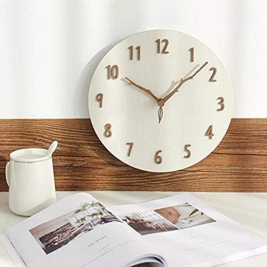 Wall clock wood stylish Nordic silent wall-mounted round frameless cute 12 inches (diameter 30 cm) natural solid panel 3D three-dimensional numbers