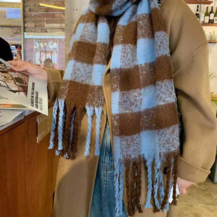 Yu Shuxin Style Plaid Cashmere Scarf - Women's Winter Korean Fashion, Thick & Warm