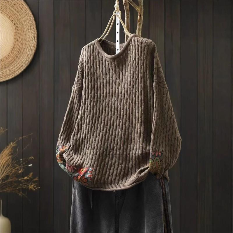 Женский винтажный свободный свитер с круглым вырезом и заплатками, повседневный свитер с длинными рукавами в китайском стиле
